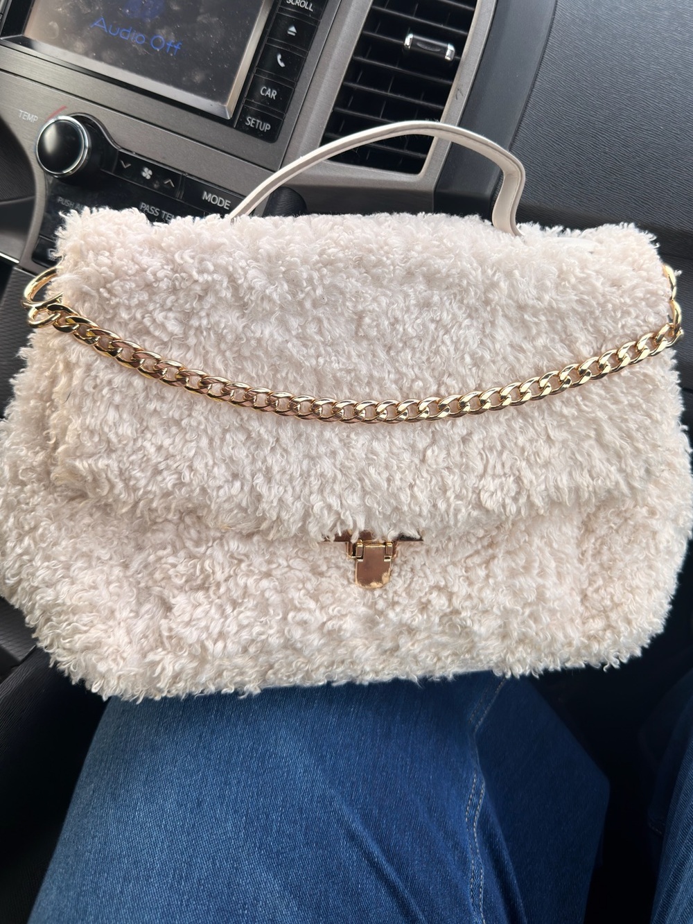 a new day Cream Faux-Shearling Shoulder Bag with Gold Chain